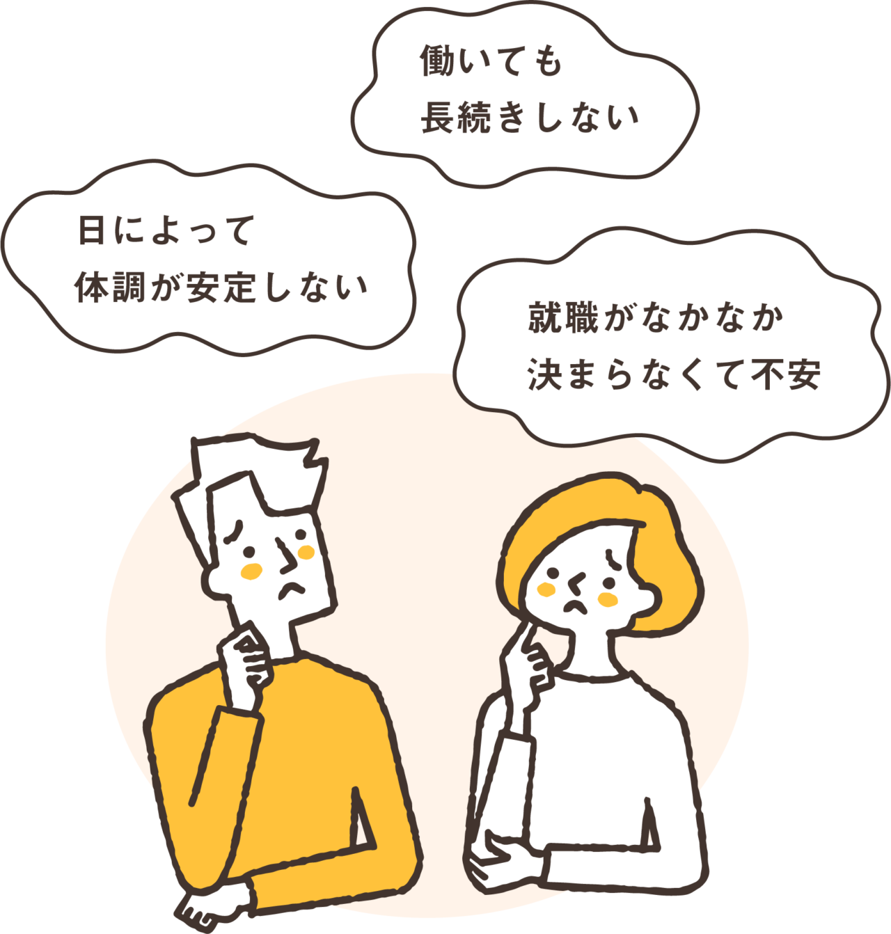 1. 働いても長続きしない。
2. 日によって体調が安定しない。
3. 就職がなかなか決まらなくて不安。